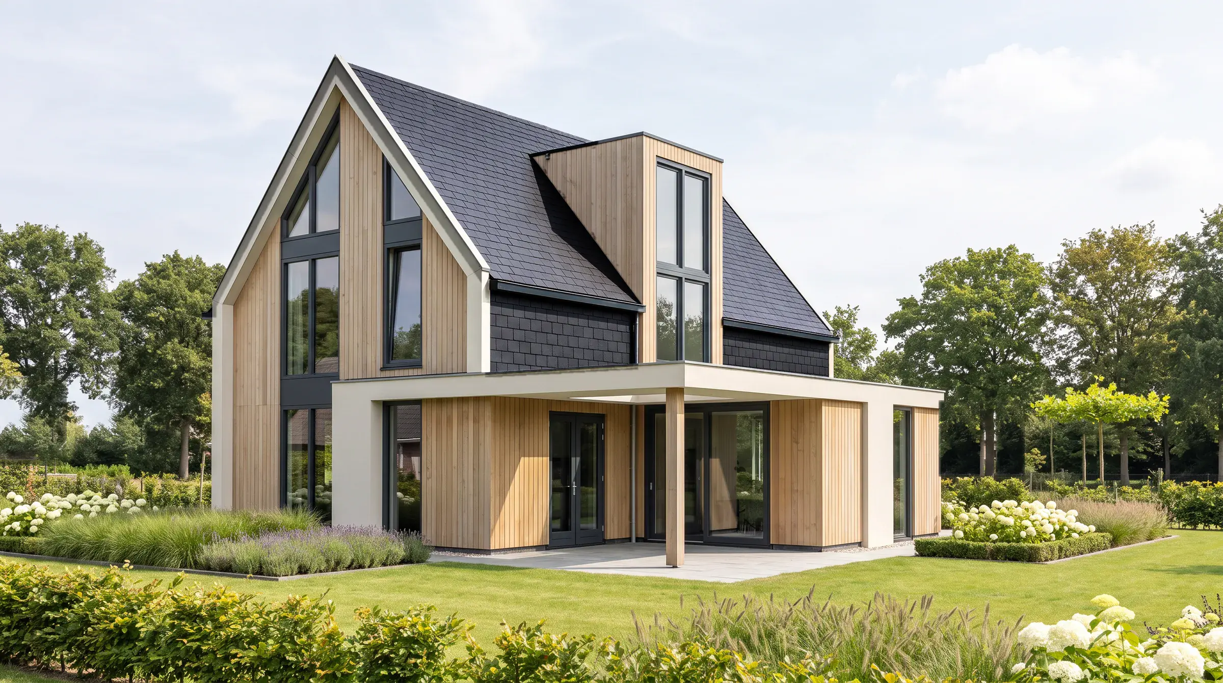 Impressie van de tuinkant: een huis met een steile donkere kap en een topgevel van licht hout en glas, met ervoor een lage witte aanbouw die op een houten paal het terras overdekt