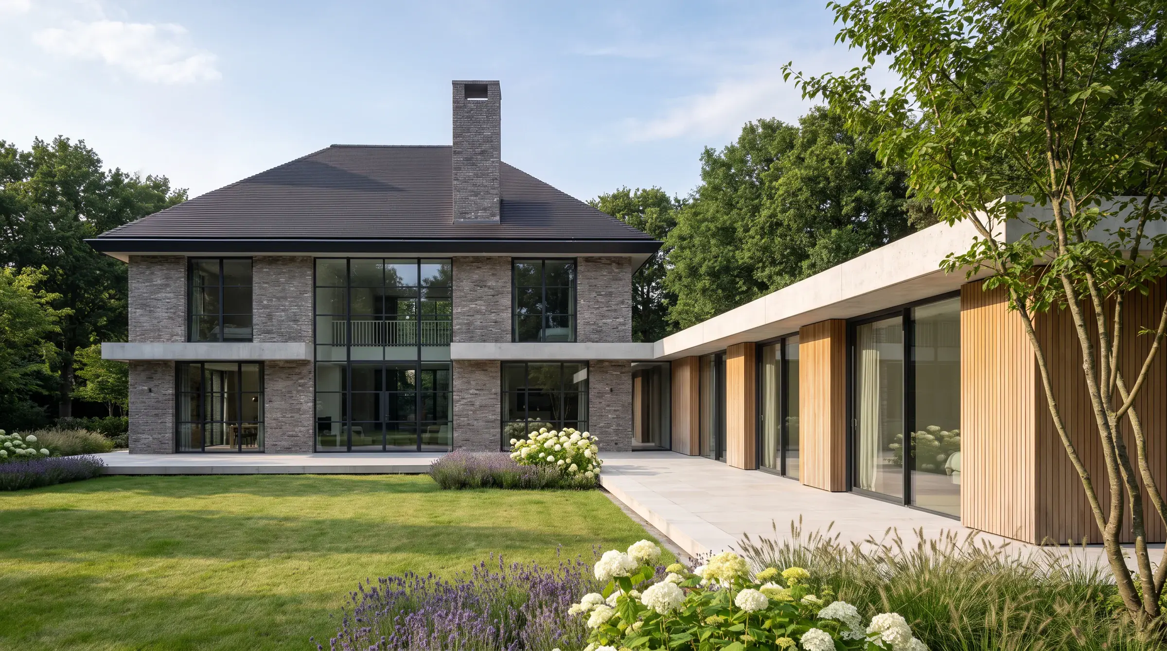 Impressie van de tuinkant: een huis van grijze baksteen onder een donker schilddak met schoorsteen, glas over twee verdiepingen, en rechts de lange vleugel in licht hout