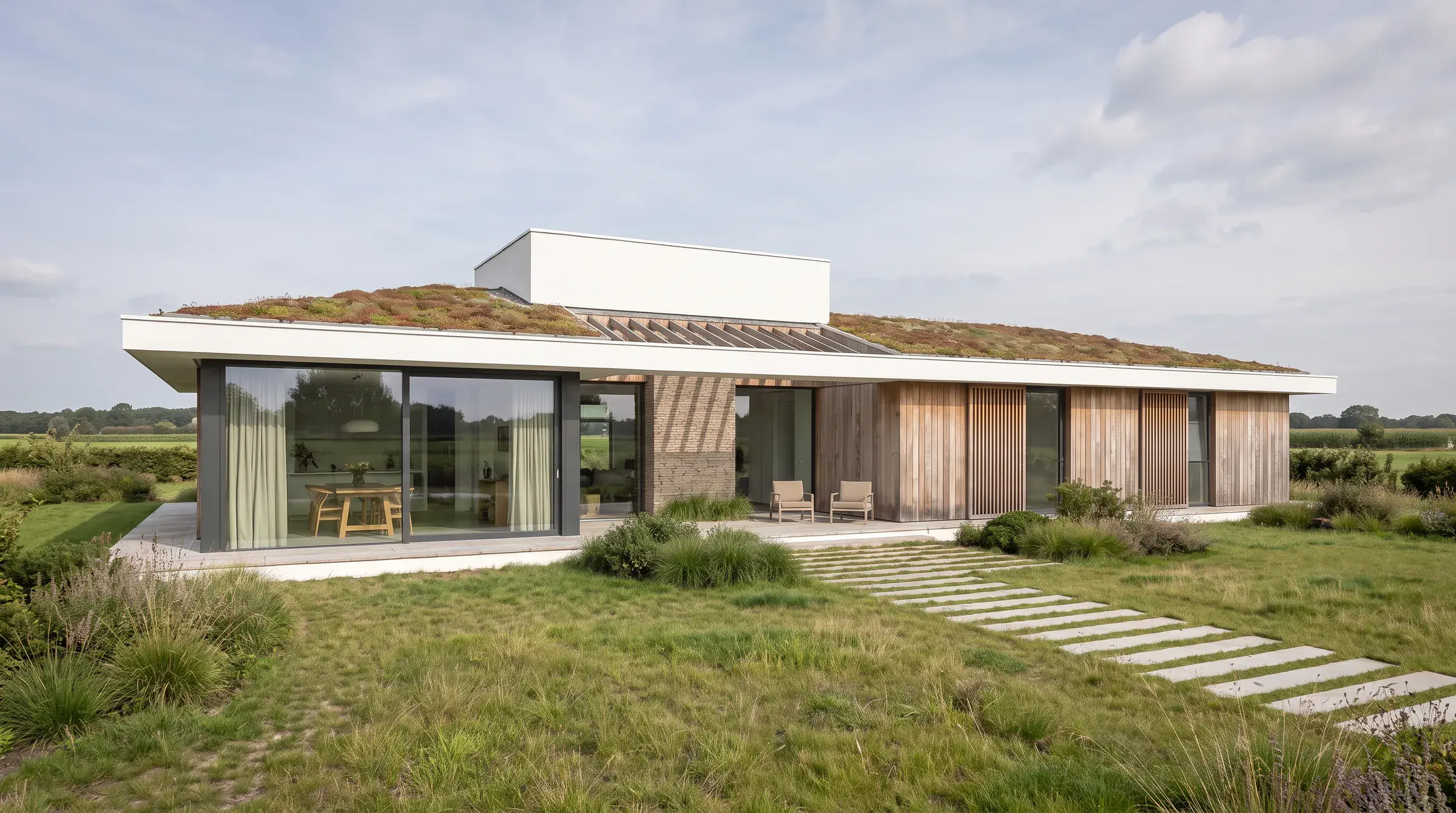 Impressie van een laag huis met een groen sedumdak, een glazen hoek en houten gevels, vanaf de tuin met een pad van stapstenen