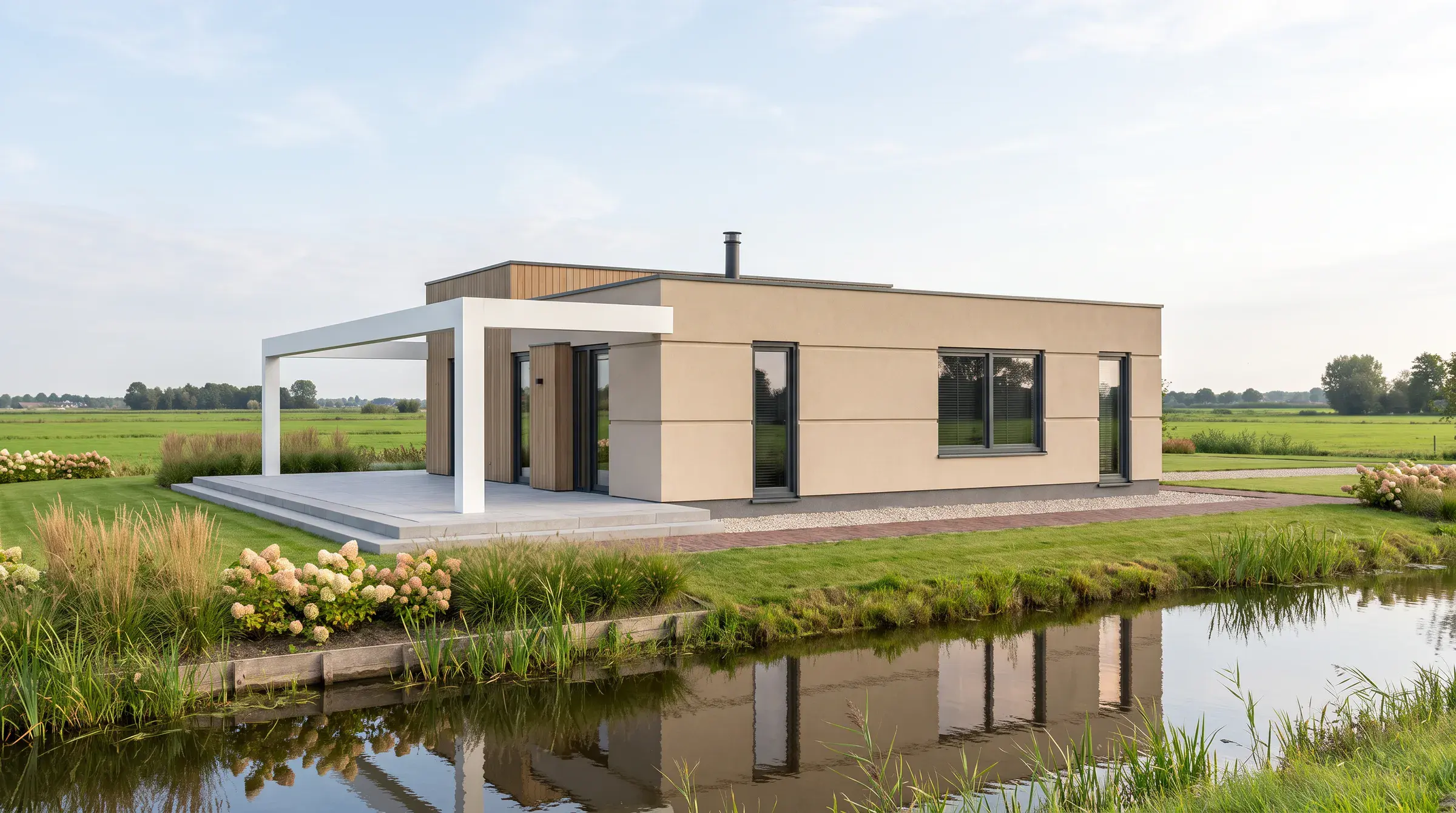 Impressie vanaf de overkant van de vaart: een gelijkvloers huis in licht stuc met drie ramen naar het water, een houten deel erachter en een wit kader boven het terras