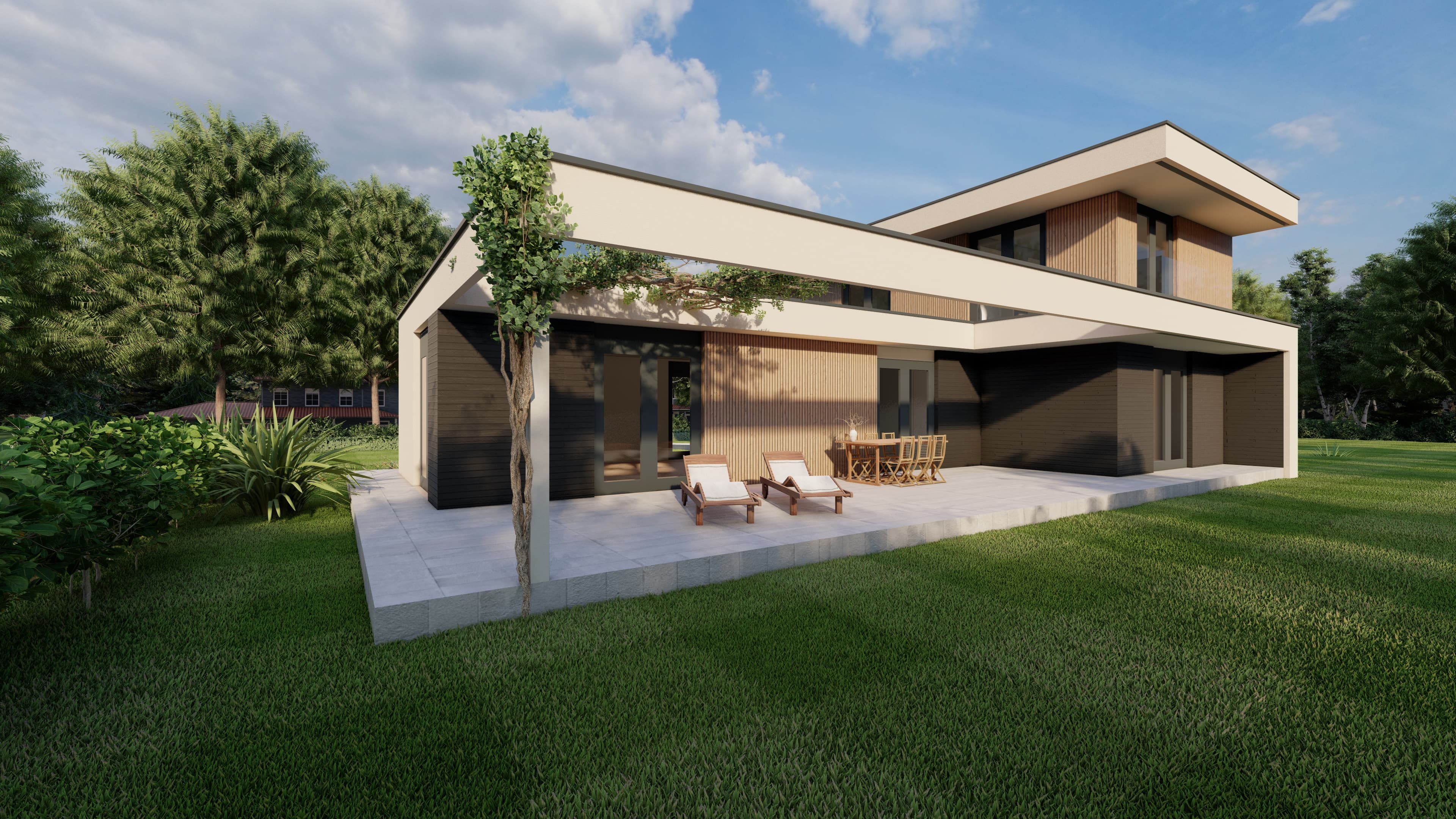 Ontwerpimpressie van een prefab woning met grote glaspui